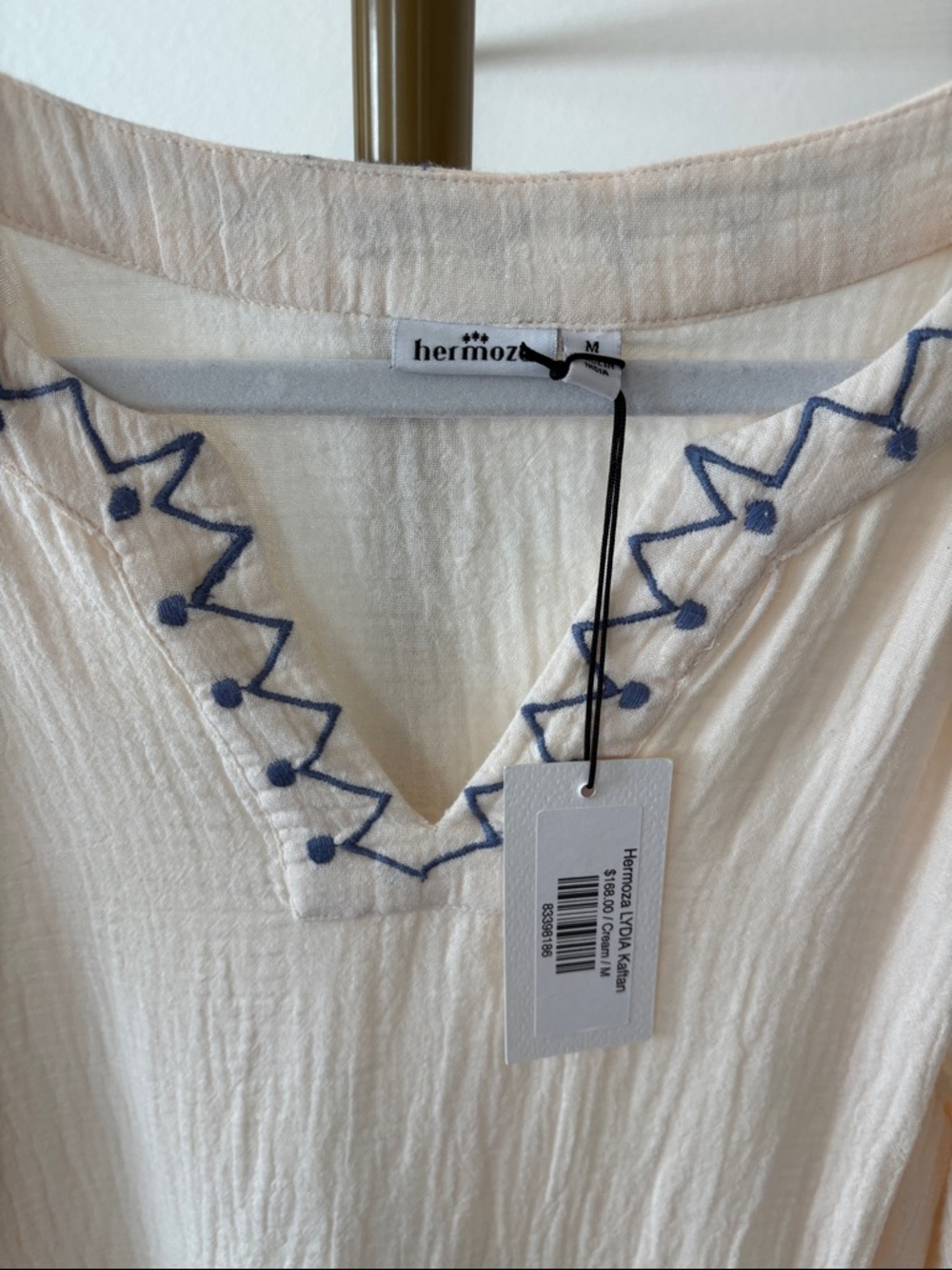 Hermoza Cream Maxi Coverup with Navy Embroidery - Picture 2 of 6